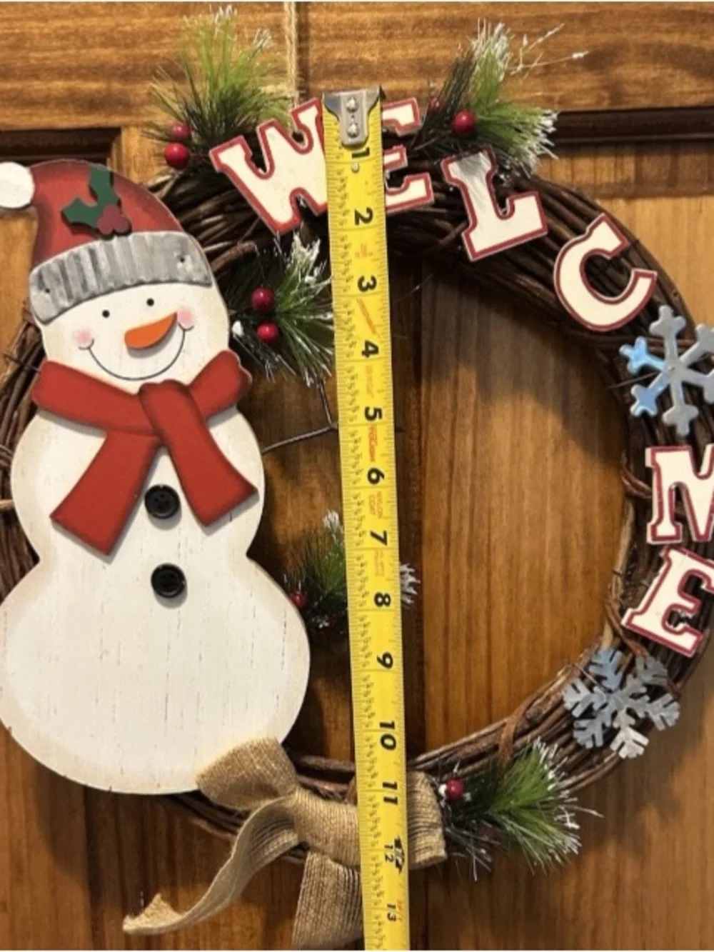 Christmas Welcome Wreath Door Decor Wall Hanging Wood Snowman Rustic Handcrafted